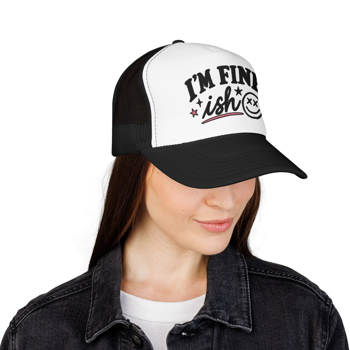 I'm Fine-ish Trucker Hat – Funny Retro Smiley Foam Mesh Cap