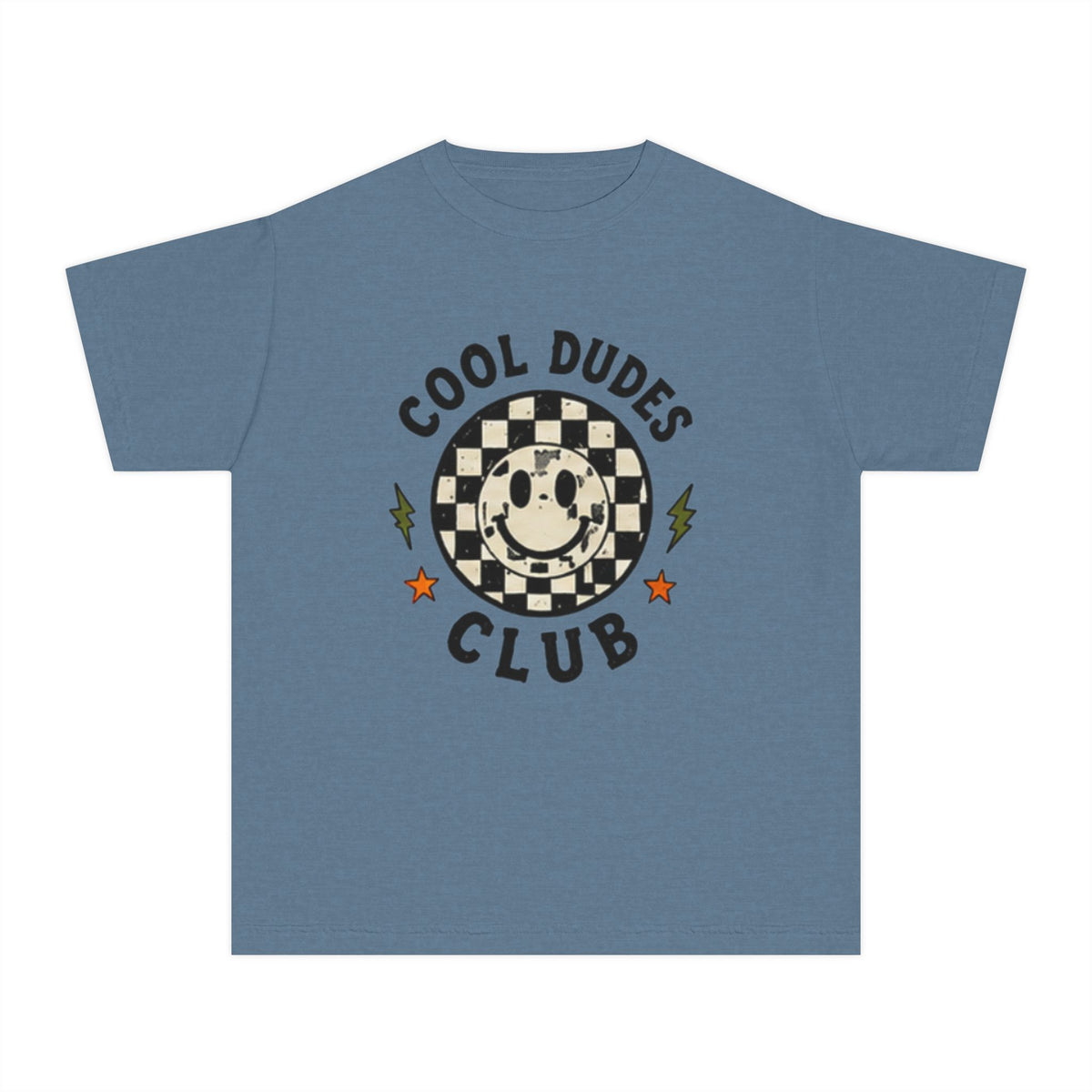 Cool Dudes Club Youth Tee — Retro Skateboard Smiley Checkered Graphic