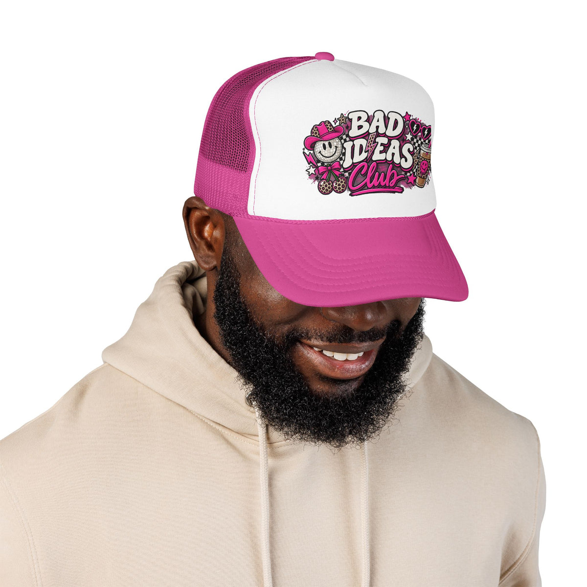 Bad Ideas Club Trucker Hat – Retro Pink Graffiti Foam Cap