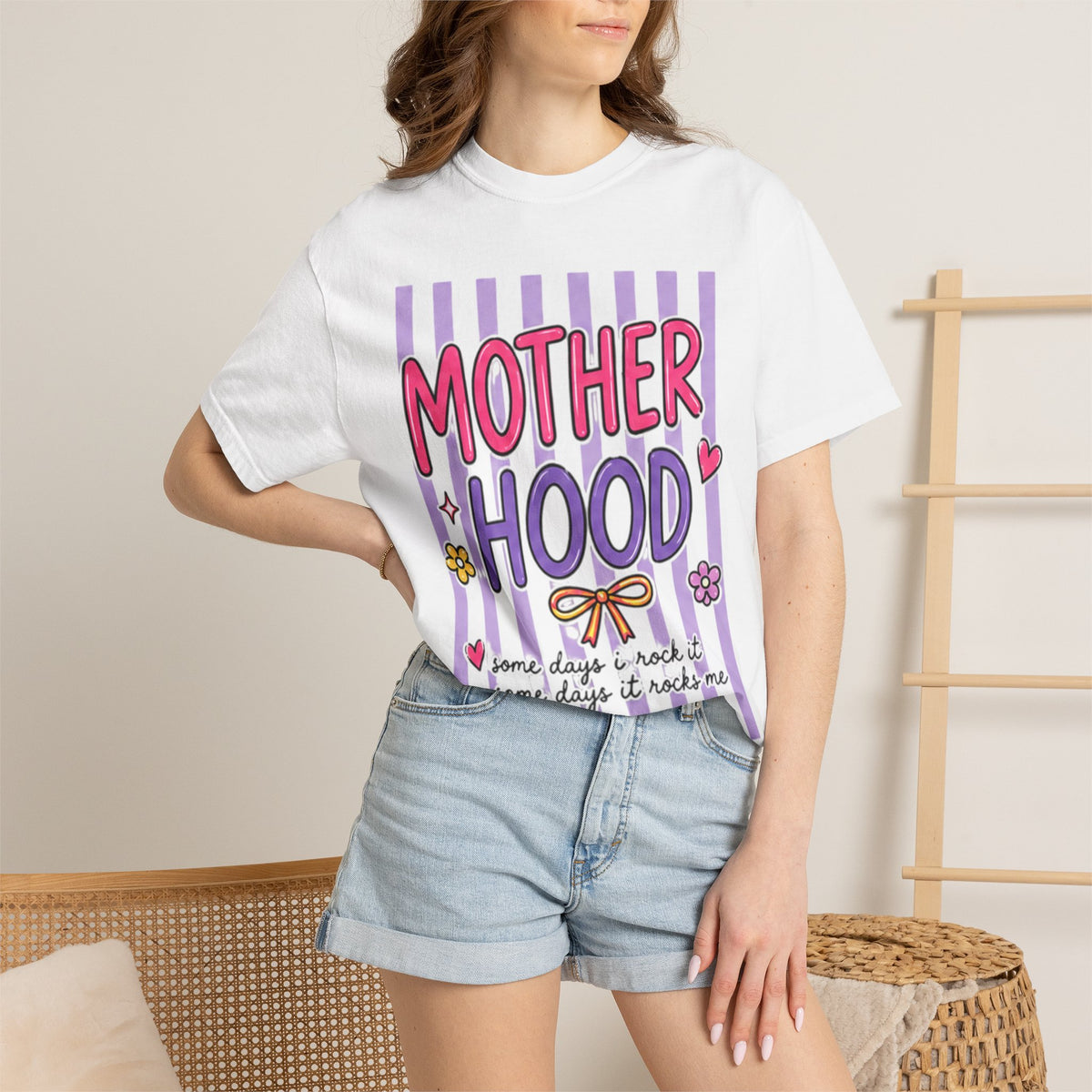 Motherhood Graphic T-Shirt — Cute Striped Mom Tee ("Mother Hood")