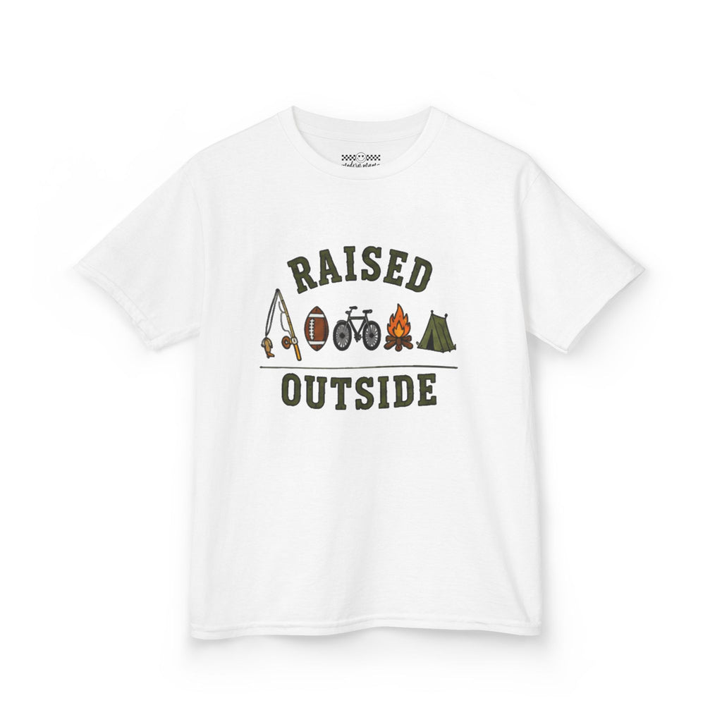 Kids Tee — "Raised Outside" Outdoor Camping & Adventure Graphic