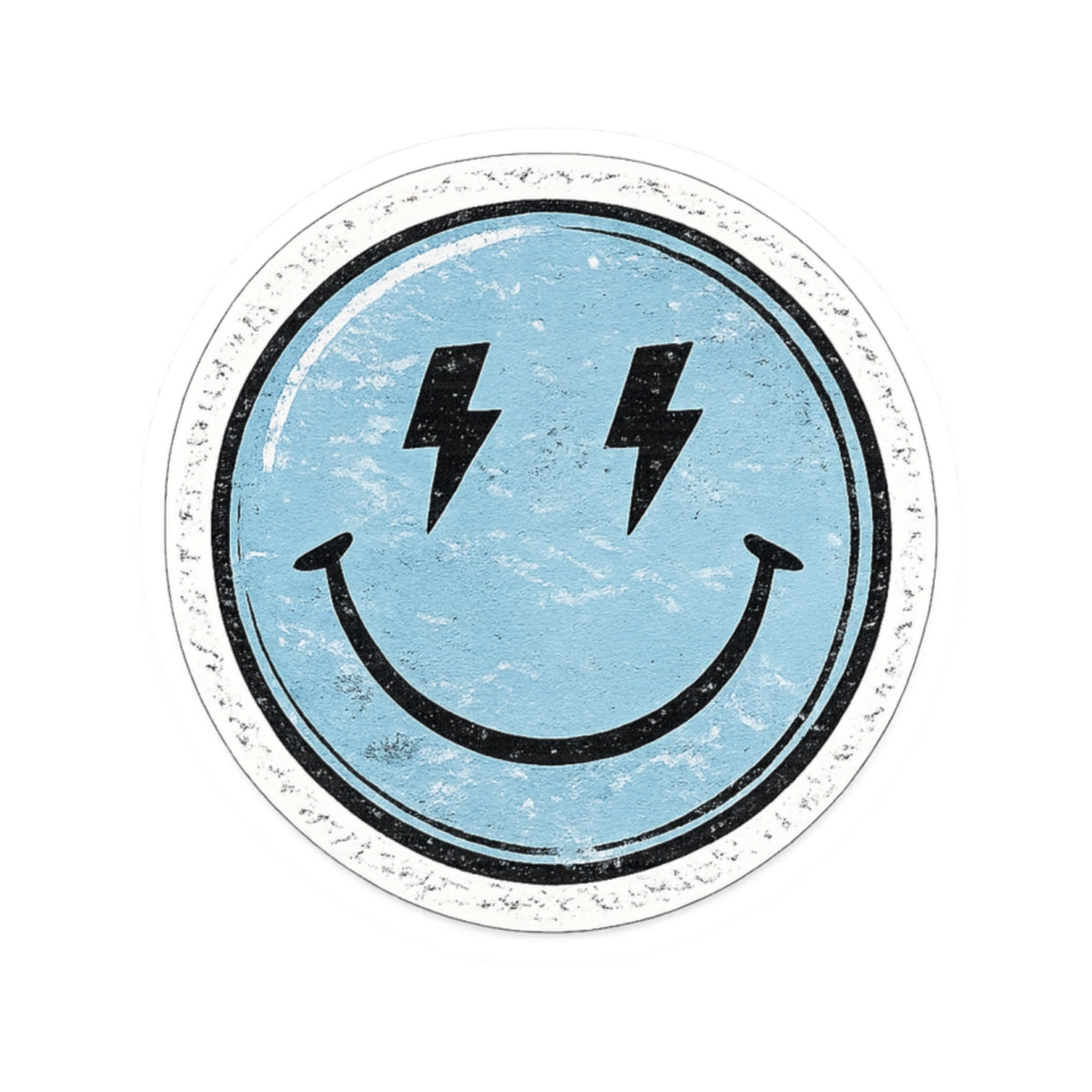 Smiley Lightning Kiss-Cut Sticker — Retro Distressed Blue Smiley Face Decal for Laptops & Water Bottles