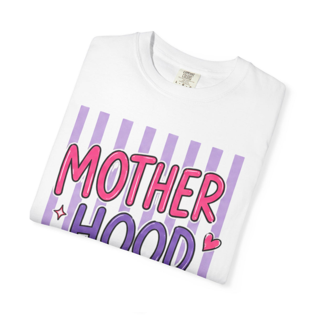 Motherhood Graphic T-Shirt — Cute Striped Mom Tee ("Mother Hood")