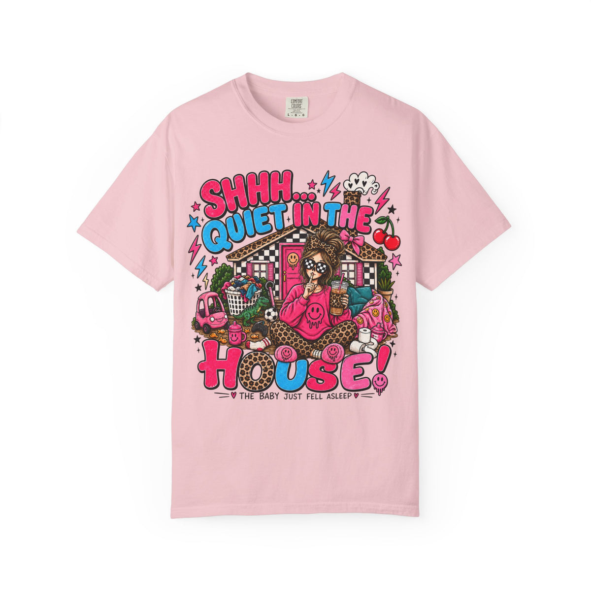 Shhh... Quiet in the House! Graphic T-Shirt — Retro Cute Cartoon Sleepy House Design
