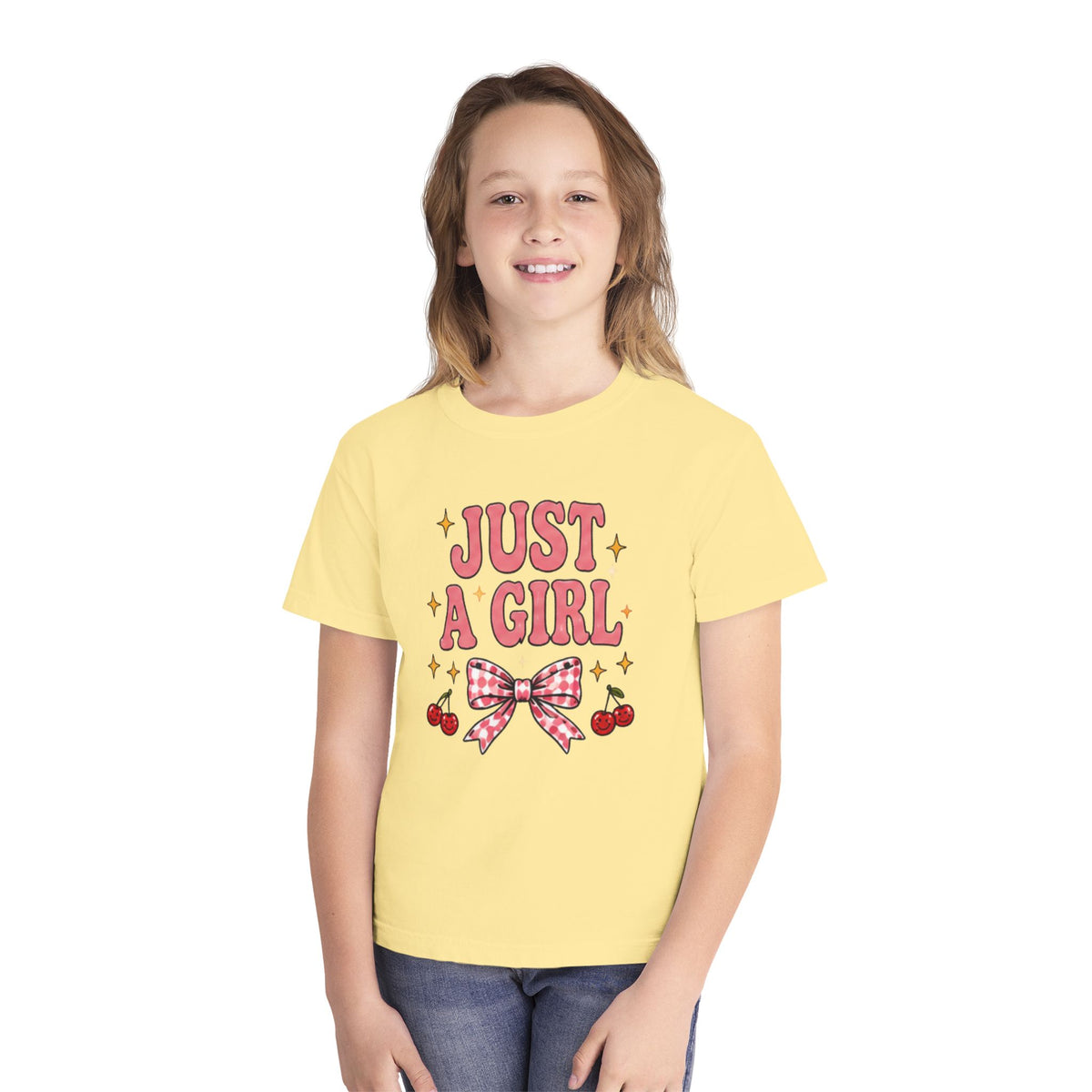 Youth Tee - "Just a Girl" Pink Bow & Cherries Graphic
