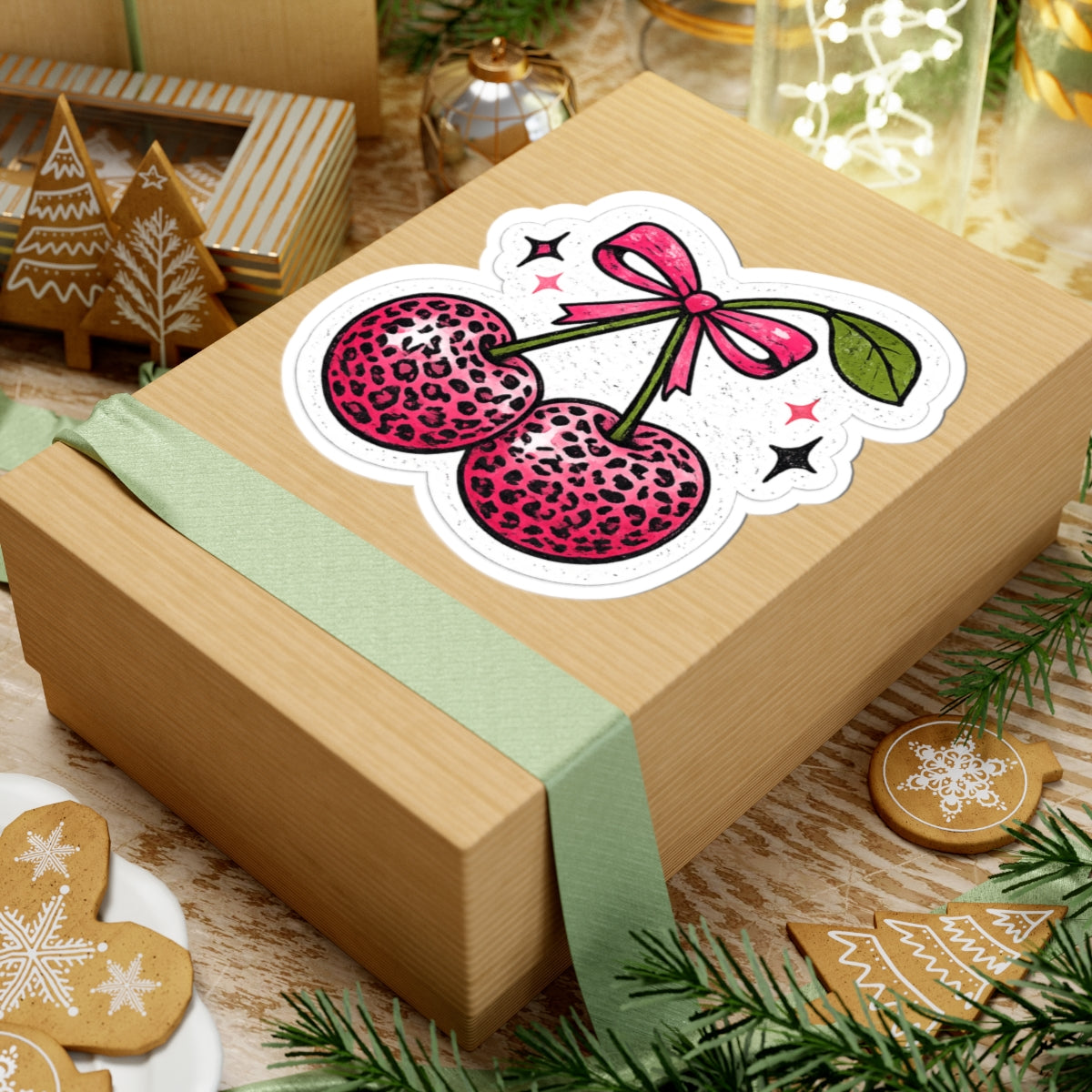 Pink Leopard Cherry Sticker — Cute Retro Kawaii Laptop Decal