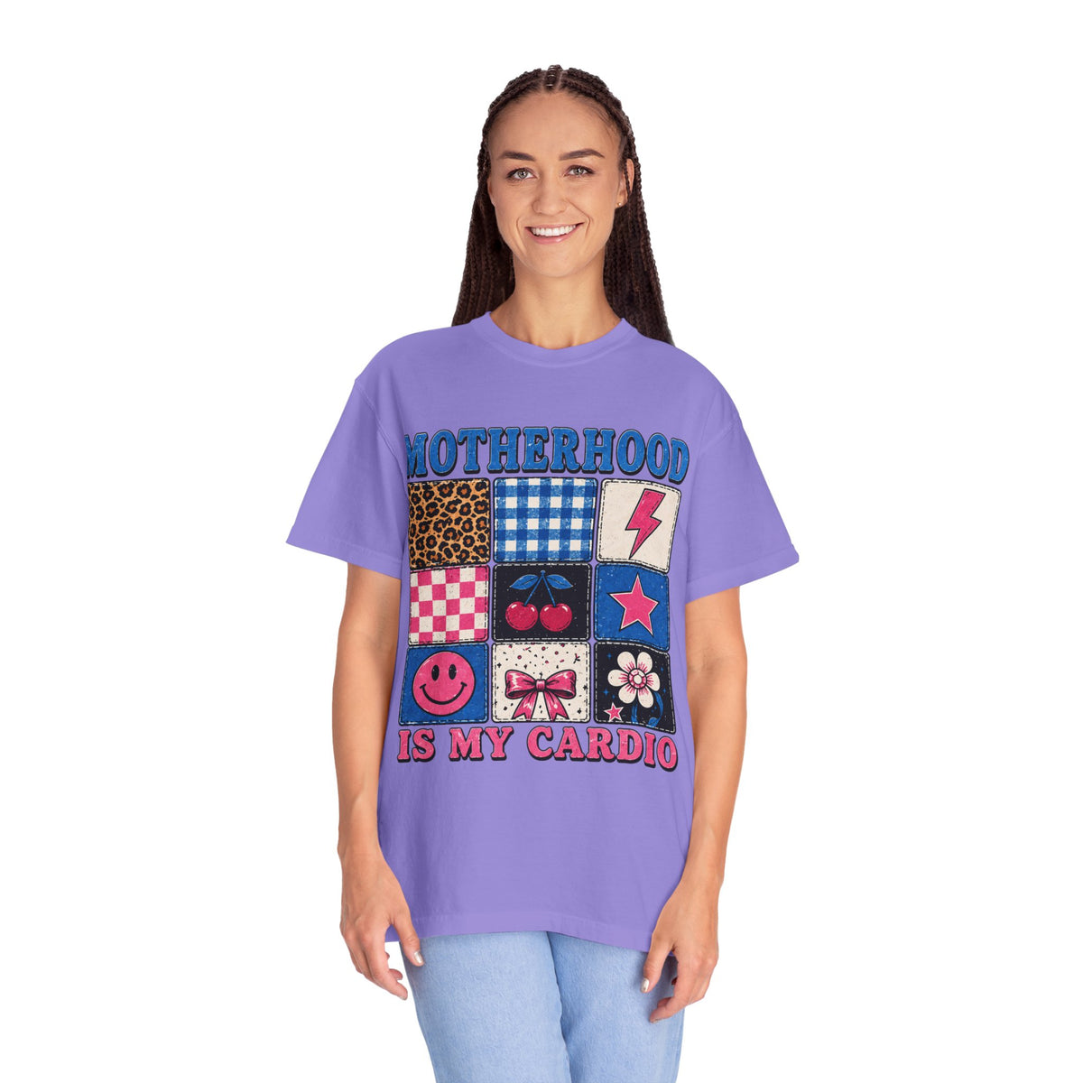 Motherhood Is My Cardio T-Shirt — Cute Patchwork Mom Graphic Tee