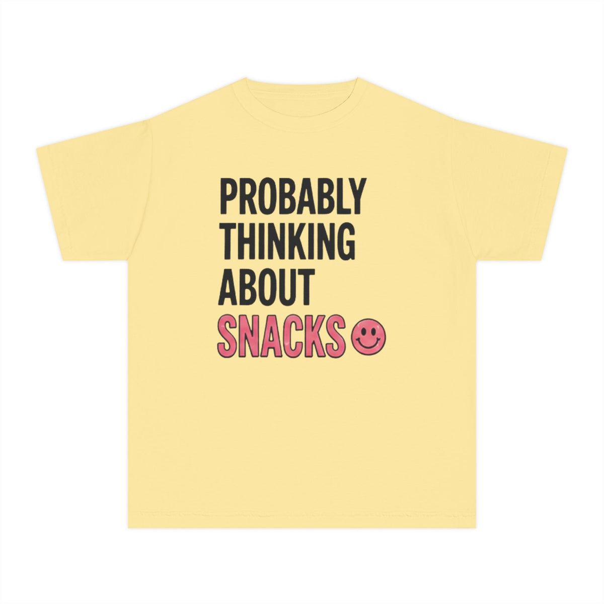 Youth Tee - "Probably Thinking About Snacks" Cute Smiley Graphic
