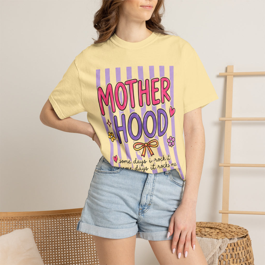 Motherhood Graphic T-Shirt — Cute Striped Mom Tee ("Mother Hood")