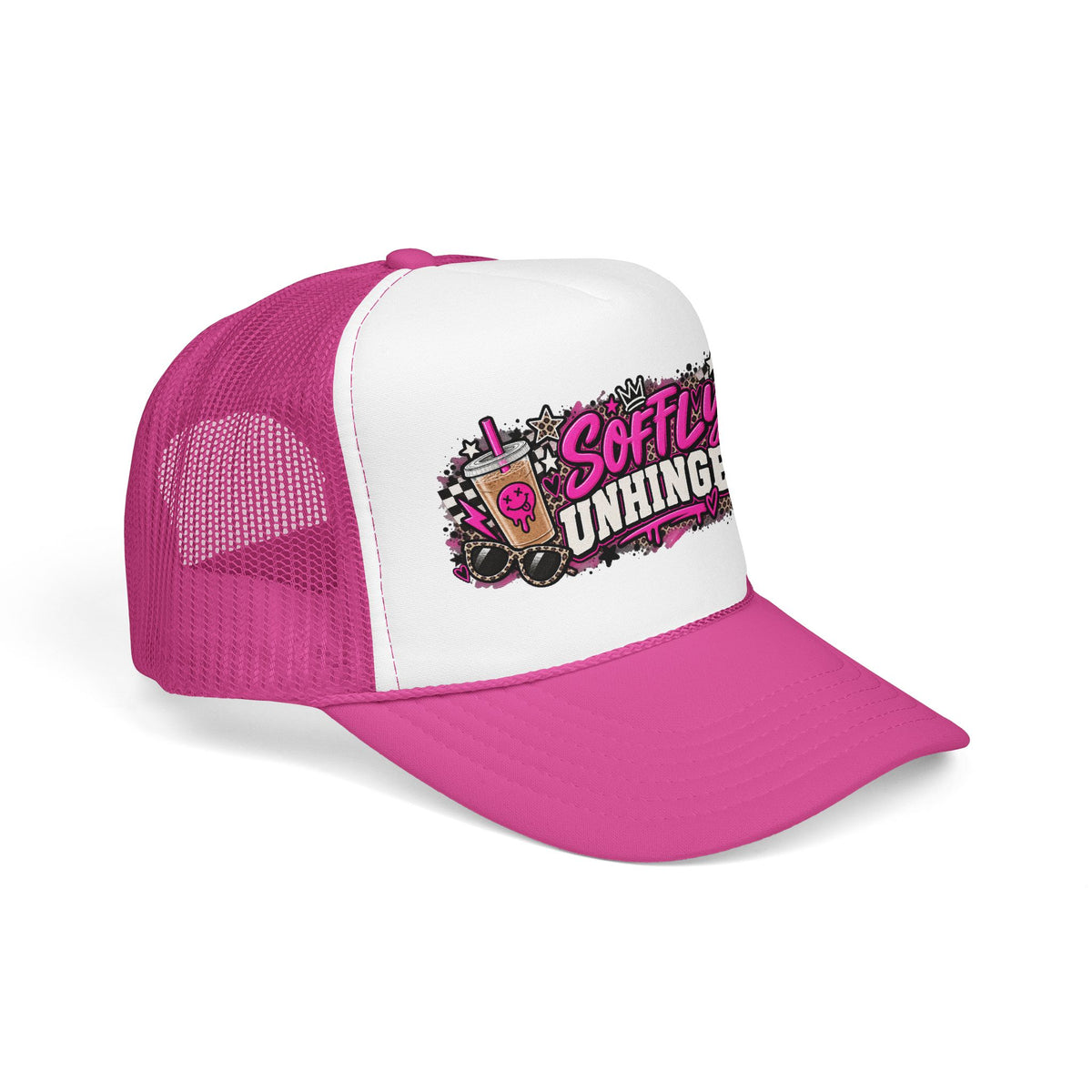 Softly Unhinged Trucker Hat – Edgy Pink Graphic Foam Cap
