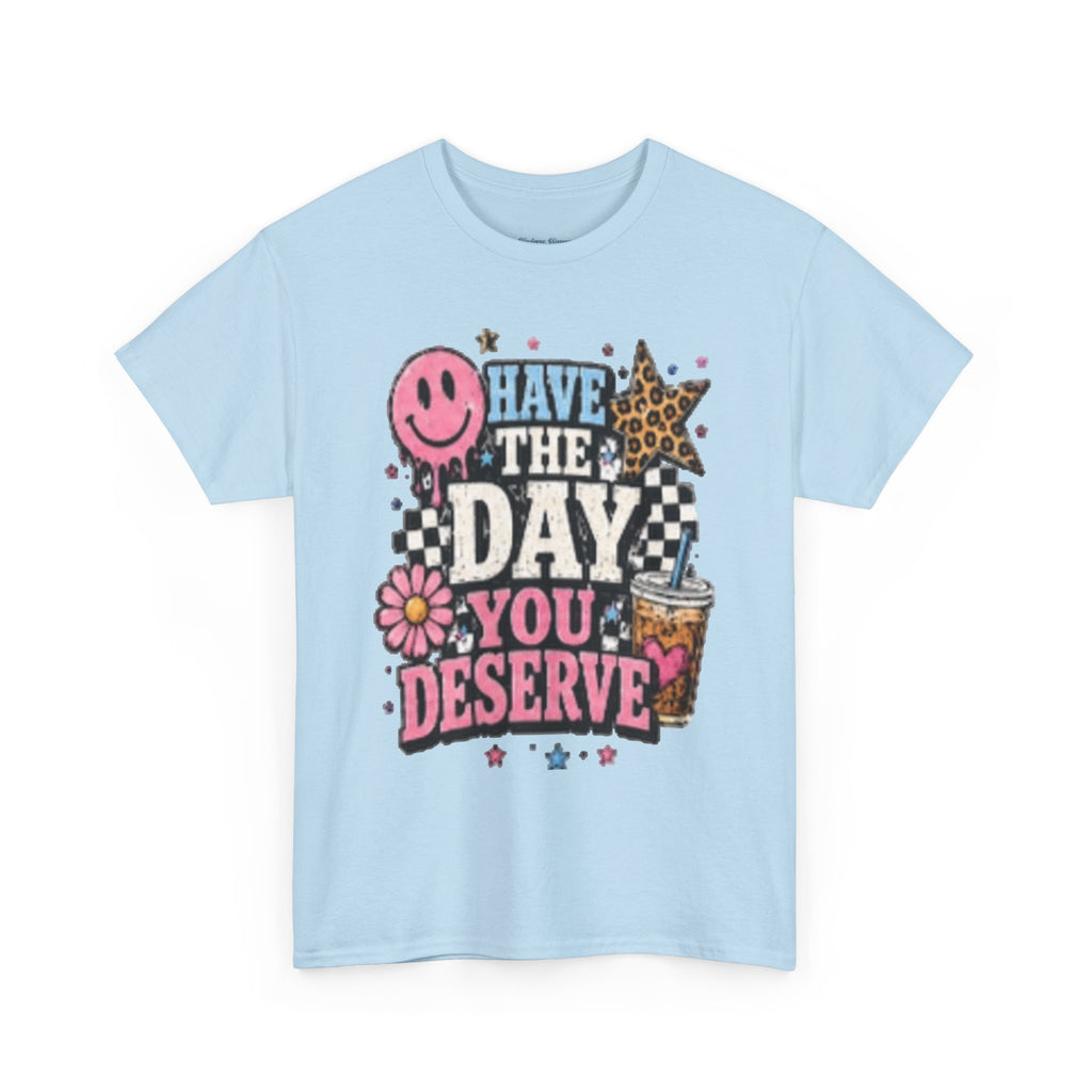 Have the Day You Deserve Graphic Tee — Retro Smile, Leopard Star & Floral Positive Message