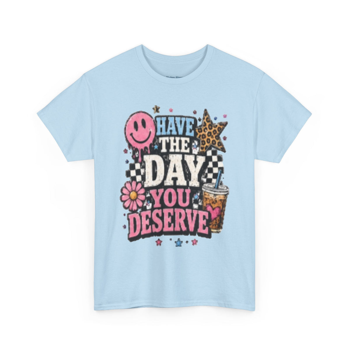 Have the Day You Deserve Graphic Tee — Retro Smile, Leopard Star & Floral Positive Message