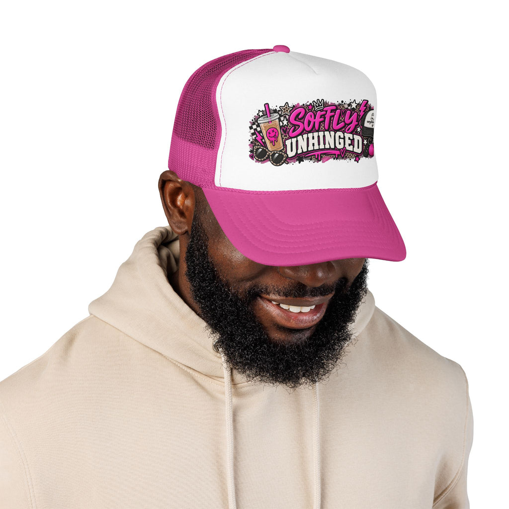Softly Unhinged Trucker Hat – Edgy Pink Graphic Foam Cap
