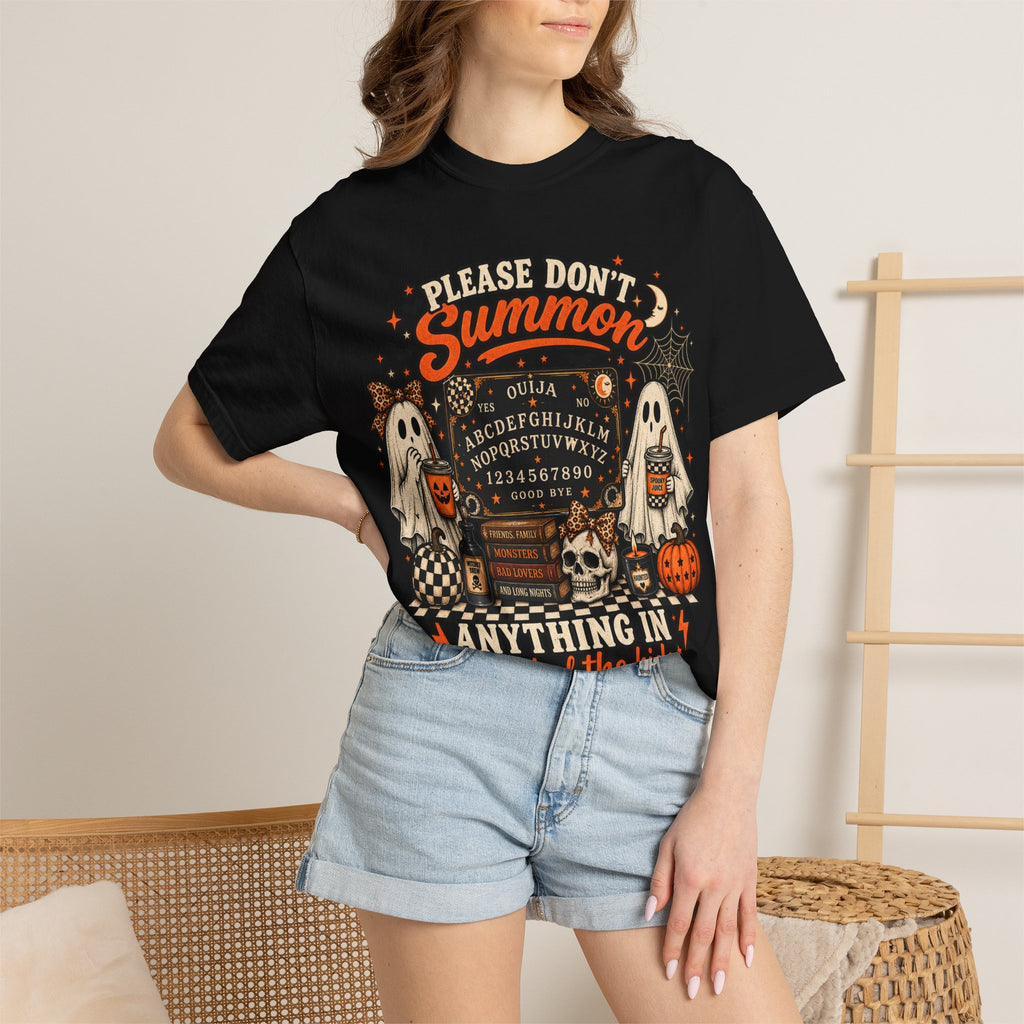 Please Don't Summon Anything In Front Of The Kids T-Shirt — Halloween Ouija Ghosts Tee