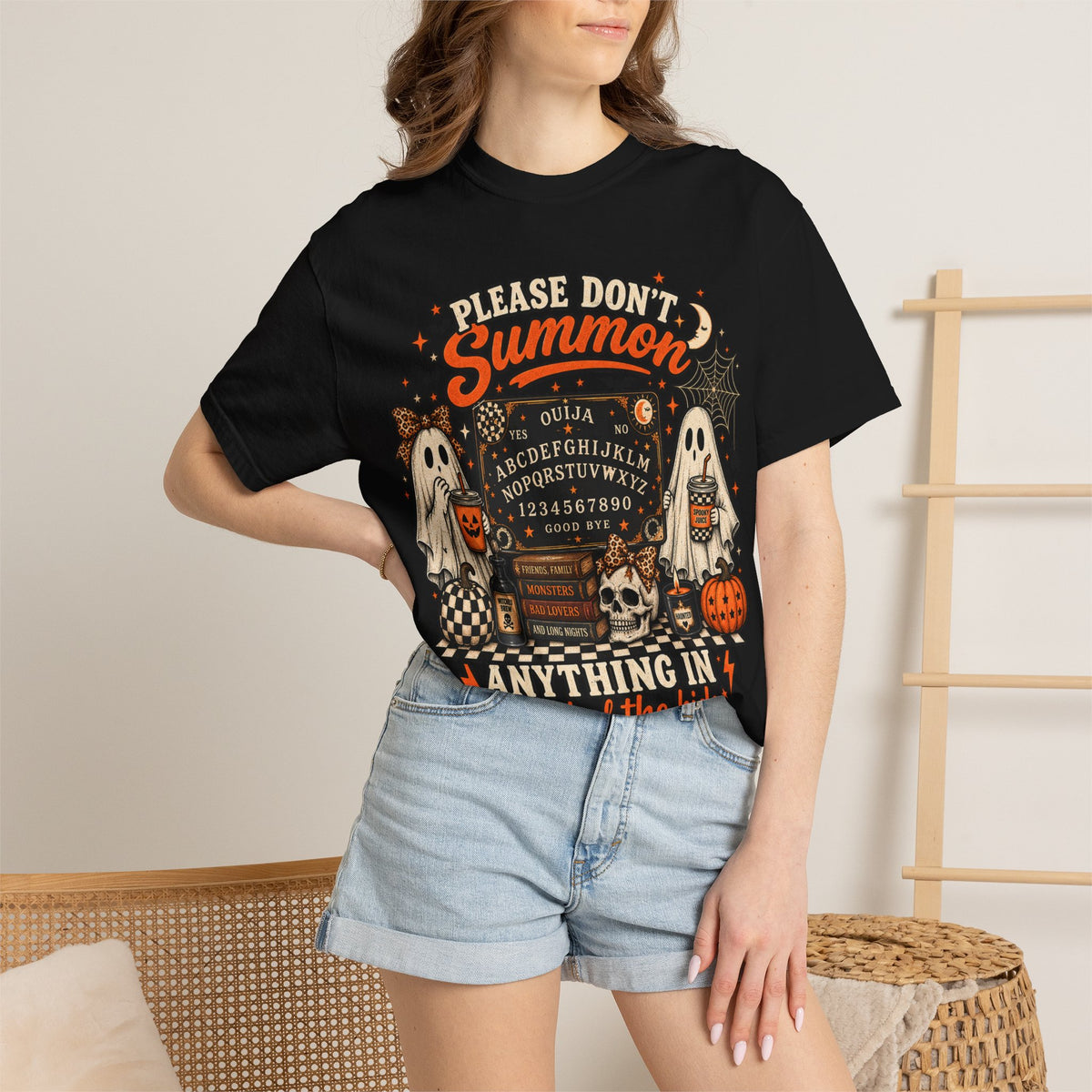 Please Don't Summon Anything In Front Of The Kids T-Shirt — Halloween Ouija Ghosts Tee