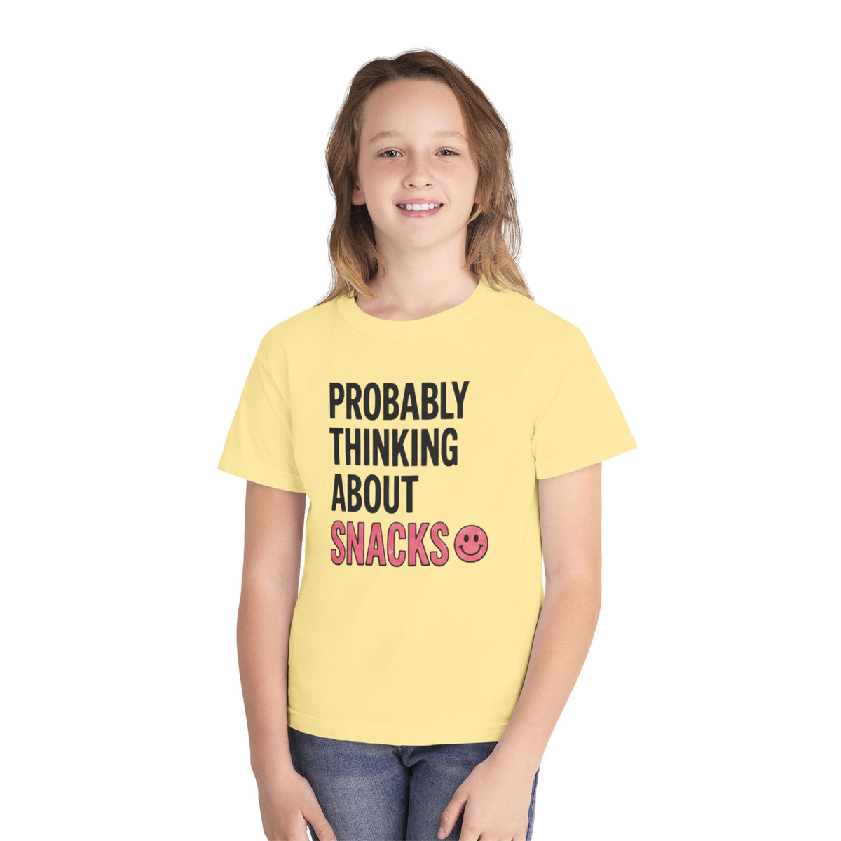 Youth Tee - "Probably Thinking About Snacks" Cute Smiley Graphic