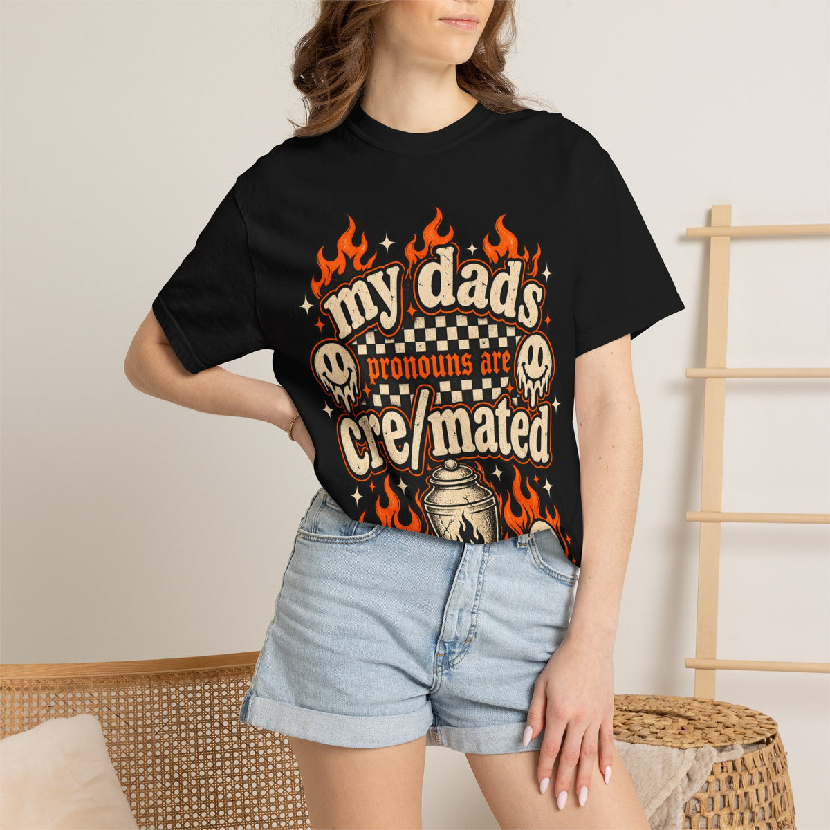 T-Shirt — “My Dad’s Pronouns Are Cremated” Gothic Flames Graphic Tee